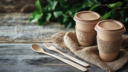 Compostable coffee cups and biodegradable utensils, promoting eco-friendly alternatives to single-use plastics.の素材