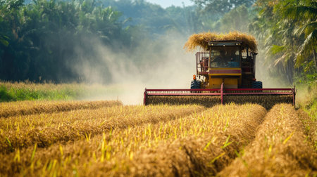 A South Asian agriculture harvester in a field of rice with copy space. No peopleの素材
