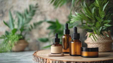 Eco-friendly skincare products in glass containers, placed on a natural surface. Ample room for text.の素材