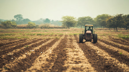 A South Asian agricultural power tiller on an empty field with copy space. No peopleの素材