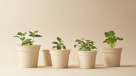 Set of biodegradable plant pots, symbolizing eco-friendly gardening practices. Ample room for text.の素材