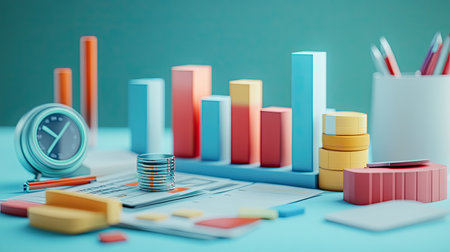 3D cost structure visualization with various expense sectors, no people, copy spaceの素材