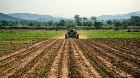 A South Asian agricultural power tiller on an empty field with copy space. No peopleの素材