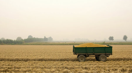 A South Asian grain cart in a harvest-ready field. No people, with copy spaceの素材