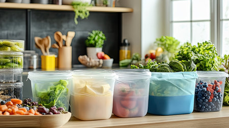 Reusable silicone food bags and glass containers, promoting sustainable kitchen storage solutions. Copy space available.の素材