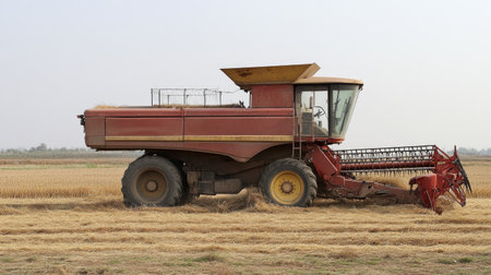 A South Asian combine harvester parked in a field, no people, copy spaceの素材