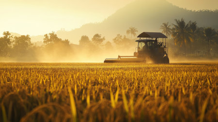 A South Asian agriculture harvester in a field of rice with copy space. No peopleの素材