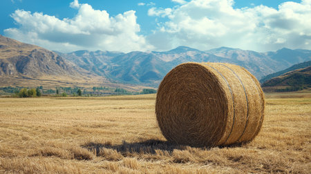 A South Asian hay baler in a field with copy space. No peopleの素材