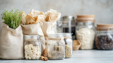 Reusable cotton bags and glass jars, symbolizing eco-friendly shopping habits. Ample copy space.の素材