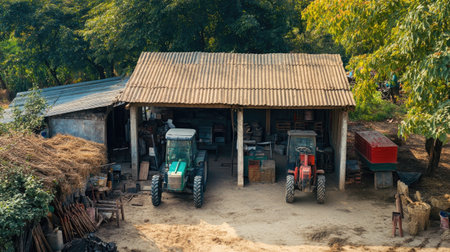 A South Asian agricultural tool shed with various machinery, no people, copy spaceの素材