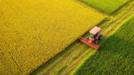 A South Asian agriculture harvester in a field of rice with copy space. No peopleの素材