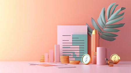3D illustration of a business cost overview with no people and ample copy spaceの素材