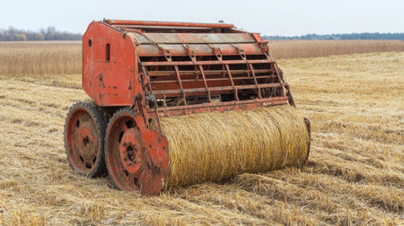 A South Asian agricultural baler in a field of hay with copy space. No peopleの素材