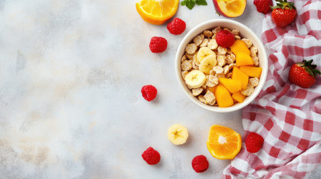 Top view of baby cereal with a napkin and fruits, space for textの素材