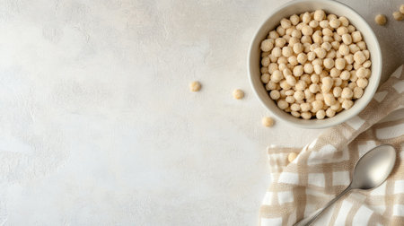 Top view of baby cereal with a spoon and napkin, space for textの素材