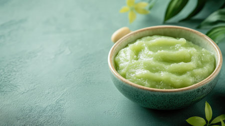Baby puree in a bowl with a small toy, ample space for textの素材