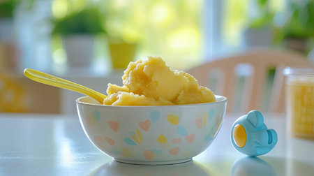 Baby puree in a bowl with a small toy, ample room for brandingの素材
