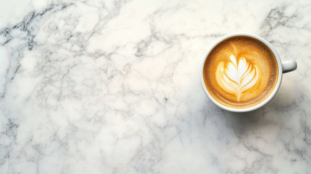 Top view of a coffee cup on a marble table, space for text or logosの素材