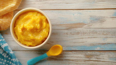 Baby puree in a bowl with a small toy, ample space for textの素材