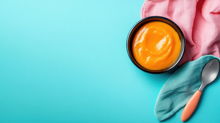 Top view of baby food with a napkin and spoon, space for copyの素材