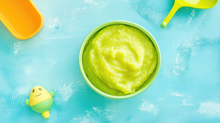 Baby puree in a bowl with a small toy, ample room for brandingの素材