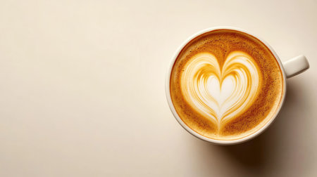 Top view of a latte with heart-shaped foam, free space for text besideの素材