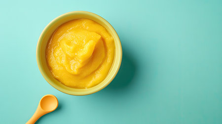 Baby puree in a bowl with a small toy, with room for brandingの素材