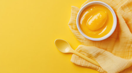 Top view of baby food with a spoon and napkin, ample space for textの素材