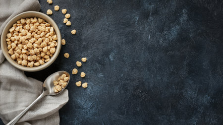 Top view of baby cereal with a spoon and napkin, space for textの素材