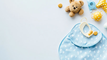 Top view of baby food with a small toy and bib, ample space for textの素材