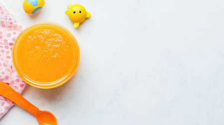 Top view of baby food with a small toy and spoon, space for textの素材