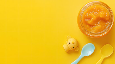 Top view of baby food with a small toy and spoon, space for textの素材