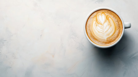 Top view of a latte with frothy art, free space for text besideの素材