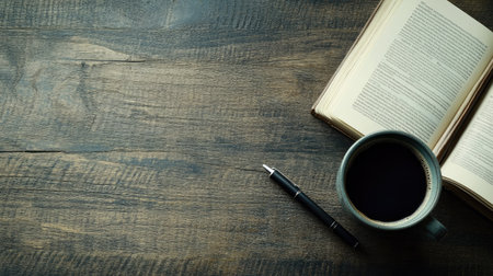 Top view of a coffee cup with a book and pen, space for branding or textの素材