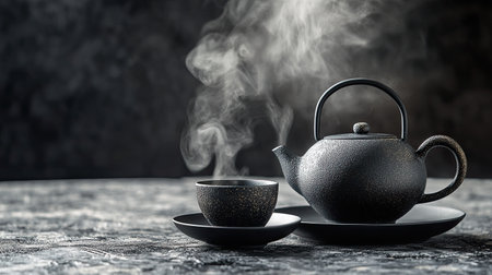Black and white tea set with modern design, placed on a textured surface, with steam rising and copy space availableの素材