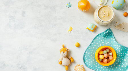 Top view of baby food with a small toy and bib, ample space for textの素材