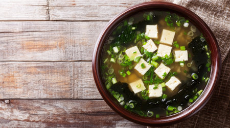 Top view of a steaming bowl of miso soup with tofu, seaweed, and green onions, with ample space for copy.の素材