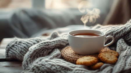 A cozy tea set with a knitted coaster, steam rising from the teacup, and biscuits on the side. Copy space above.の素材