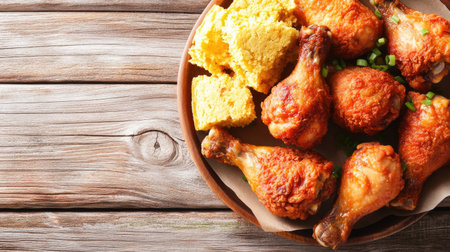 Fried chicken drumsticks with a side of cornbread, placed on a wooden table. Copy space to the left.の素材