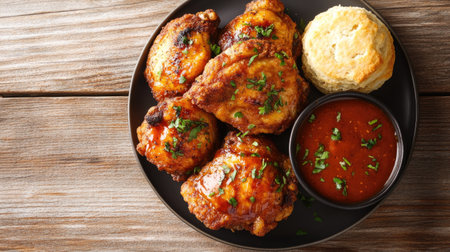 Fried chicken thighs with a side of biscuits on a plate, viewed from above. Copy space on the bottom.の素材