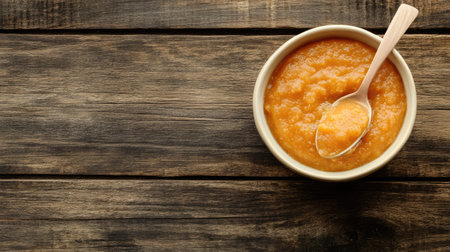Baby puree in a bowl with a spoon, with room for brandingの素材