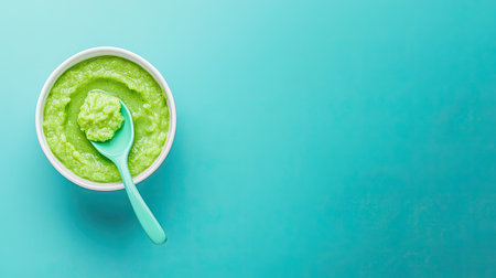 Top view of baby puree with a spoon and bib, space for textの素材