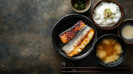 Top view of a traditional Japanese breakfast with grilled fish, rice, and miso soup, with space for copy.の素材