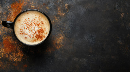 Top view of a cappuccino with cinnamon, space for copy or brandingの素材