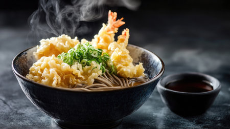 A steaming bowl of soba noodles with tempura and dipping sauce, placed on a dark background with room for copy.の素材