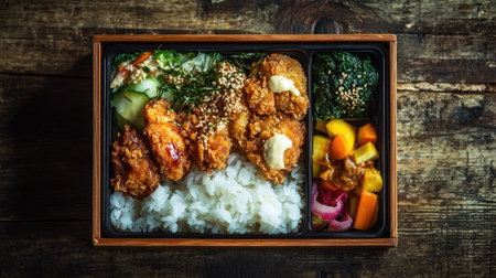 A beautifully presented bento box with rice, vegetables, and fried chicken, leaving plenty of room for copy.の素材