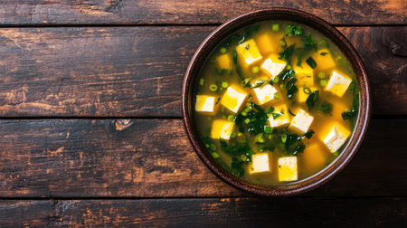 A vibrant bowl of miso soup with tofu cubes and seaweed, placed on a dark wooden table with plenty of space for text.の素材
