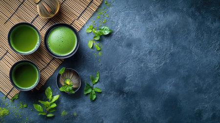 Japanese tea set with matcha, teapot, and bowls on a bamboo mat, top view. Copy space on the right.の素材