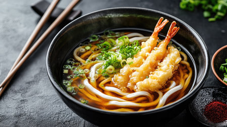 Freshly prepared udon noodles in a bowl, garnished with tempura and green onions, with plenty of copy space.の素材