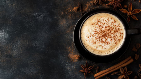 Top view of a cappuccino with cinnamon, space for copy or brandingの素材